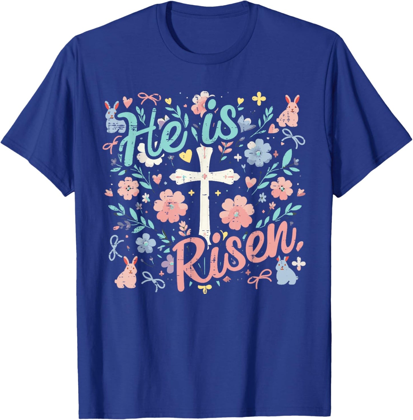 Easter He is Risen Cross Flowers Religious Women Girls Kids T-Shirt - T-Shirt | Royal