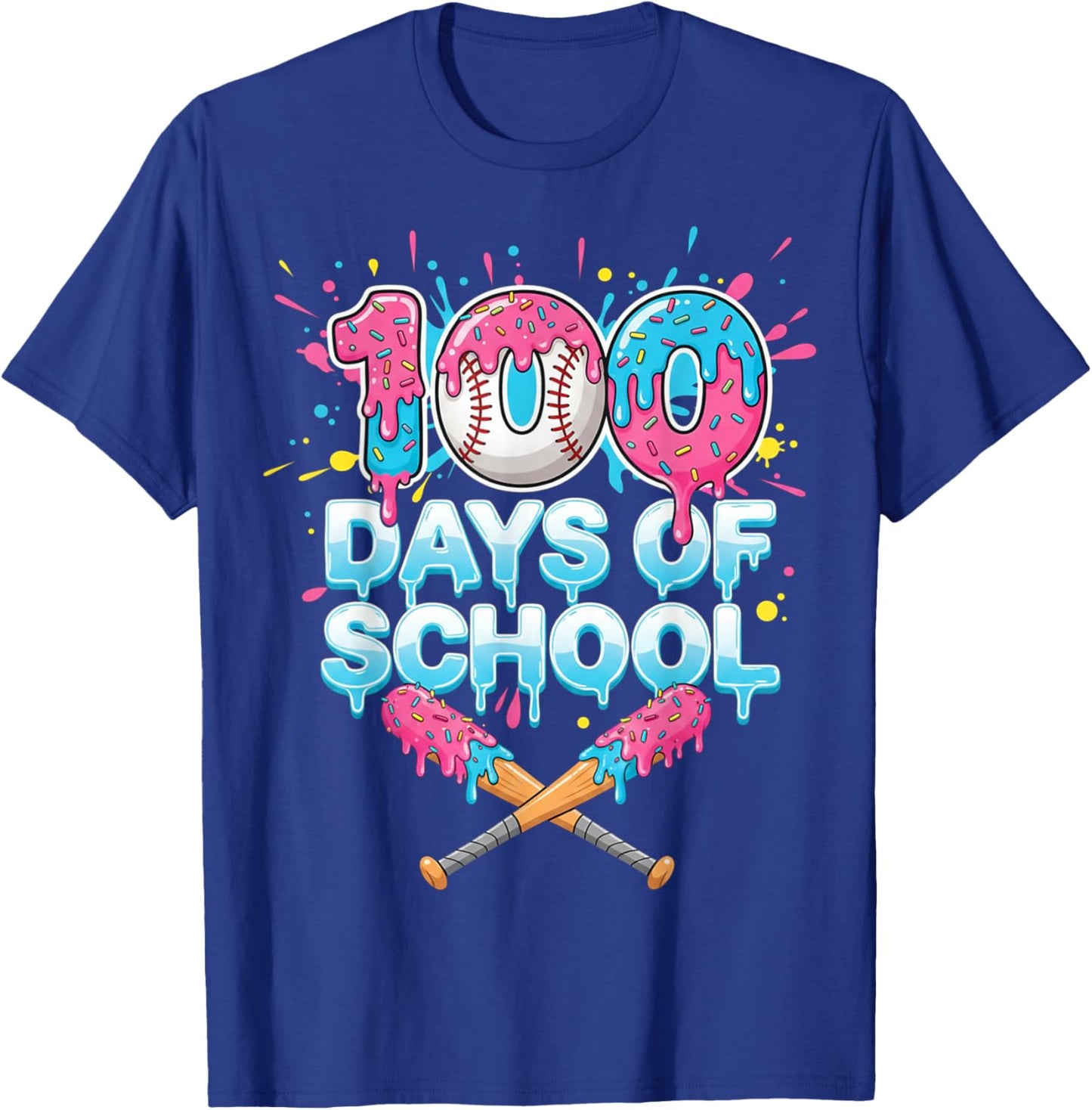 Dripping Baseball Bats 100 Days of School Boys Kids Girl T-Shirt - T-Shirt | Royal