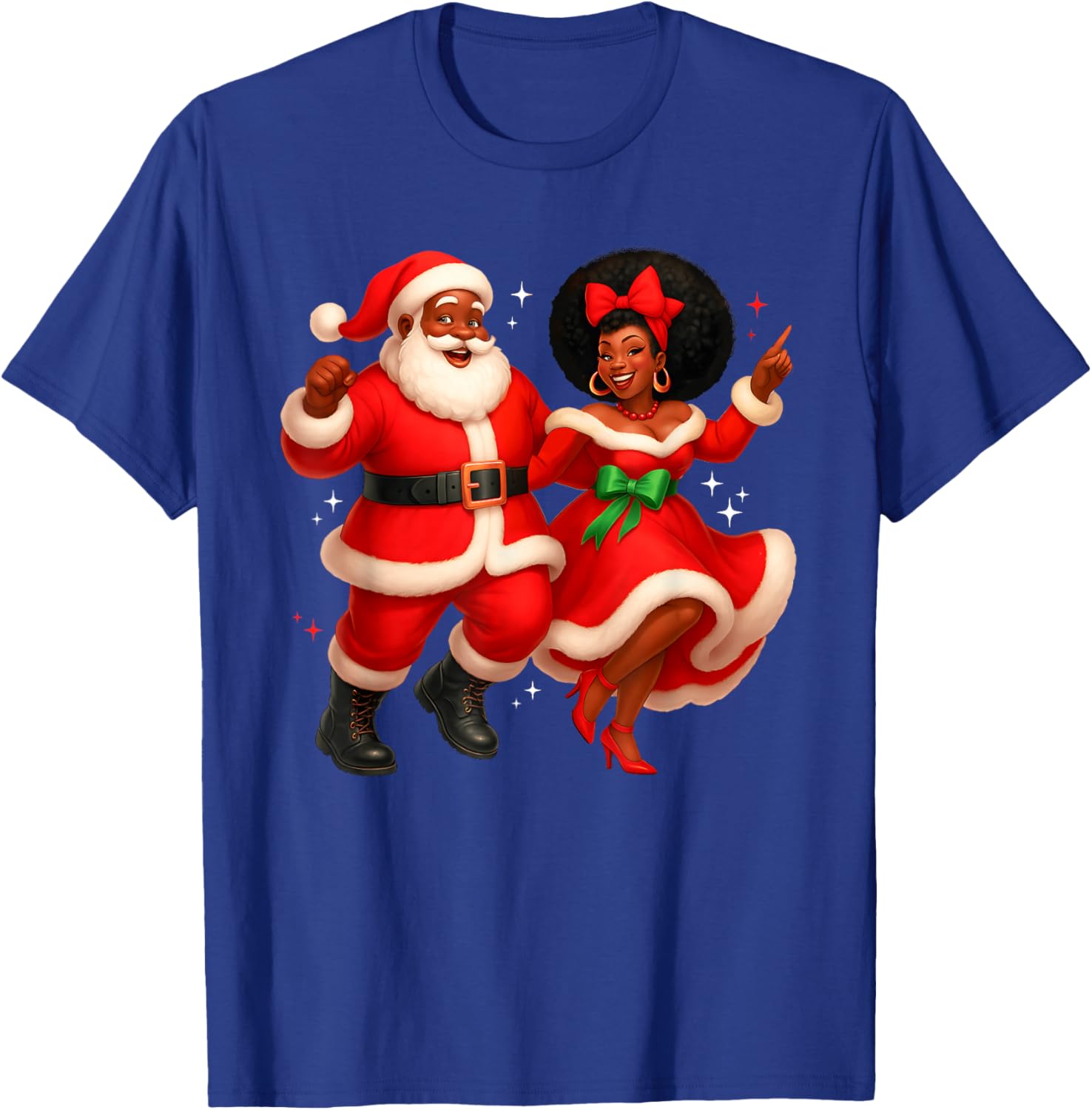 Dancing African Santa Mr Mrs Claus African American Xmas T-Shirt - T-Shirt | Royal
