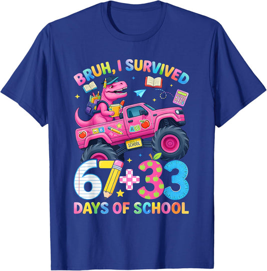 Bruh I Survived 67 33 Days of School Boy Kids 100th Day Trex T-Shirt - T-Shirt | Royal