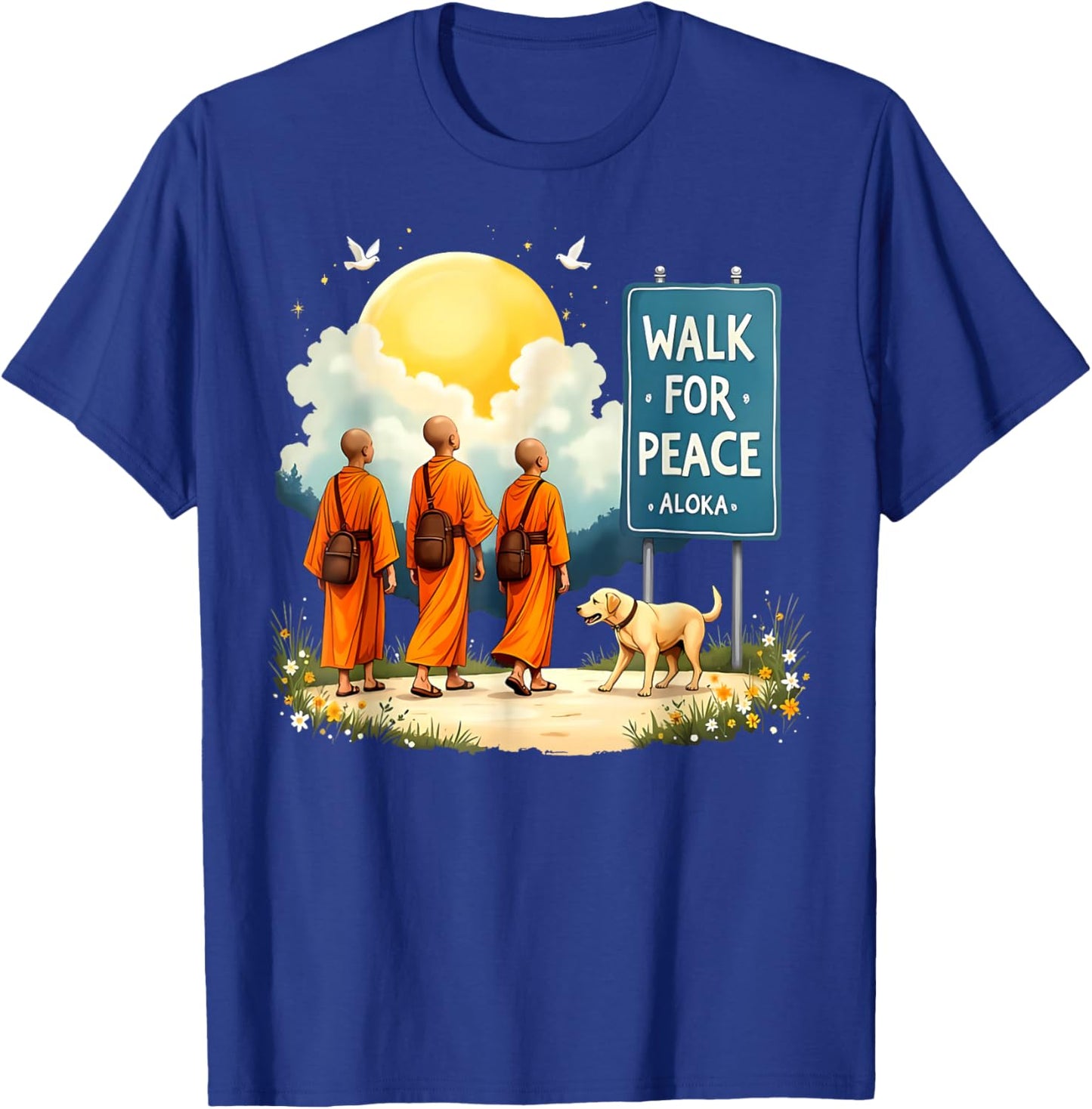 Retro Walk for Peace Monks with Aloka Dog Minimalist Zen Art T-Shirt - T-Shirt | Royal