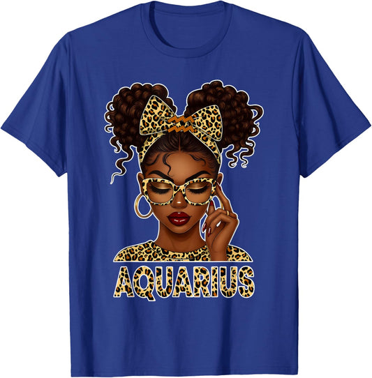 Aquarius Woman Black Girl Leopard Bow Zodiac Birthday T-Shirt - T-Shirt | Royal