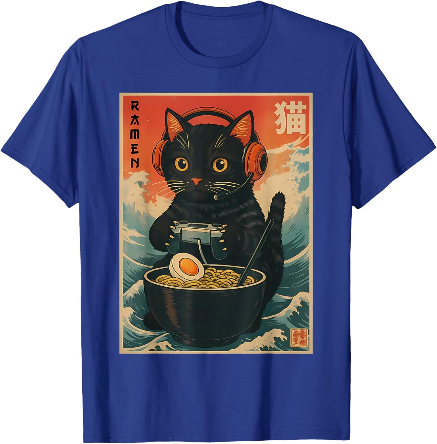 Kawaii Gamer Cat Funny Ramen Retro Japanese Cat Gaming T-Shirt - T-Shirt | Royal
