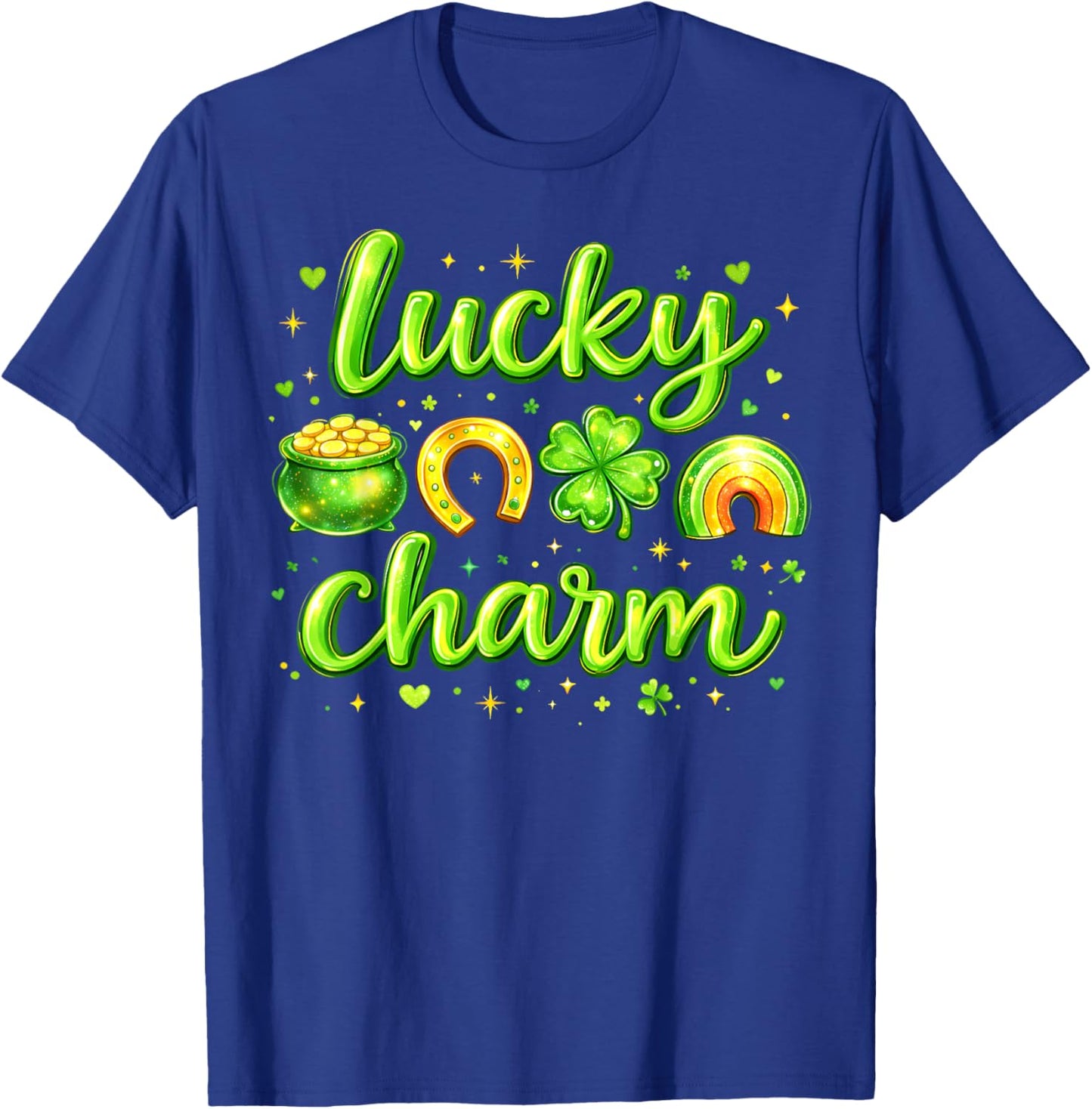 St Patricks Day Lucky Charm Rainbow Clover Gold Pot Hearts T-Shirt - T-Shirt | Royal
