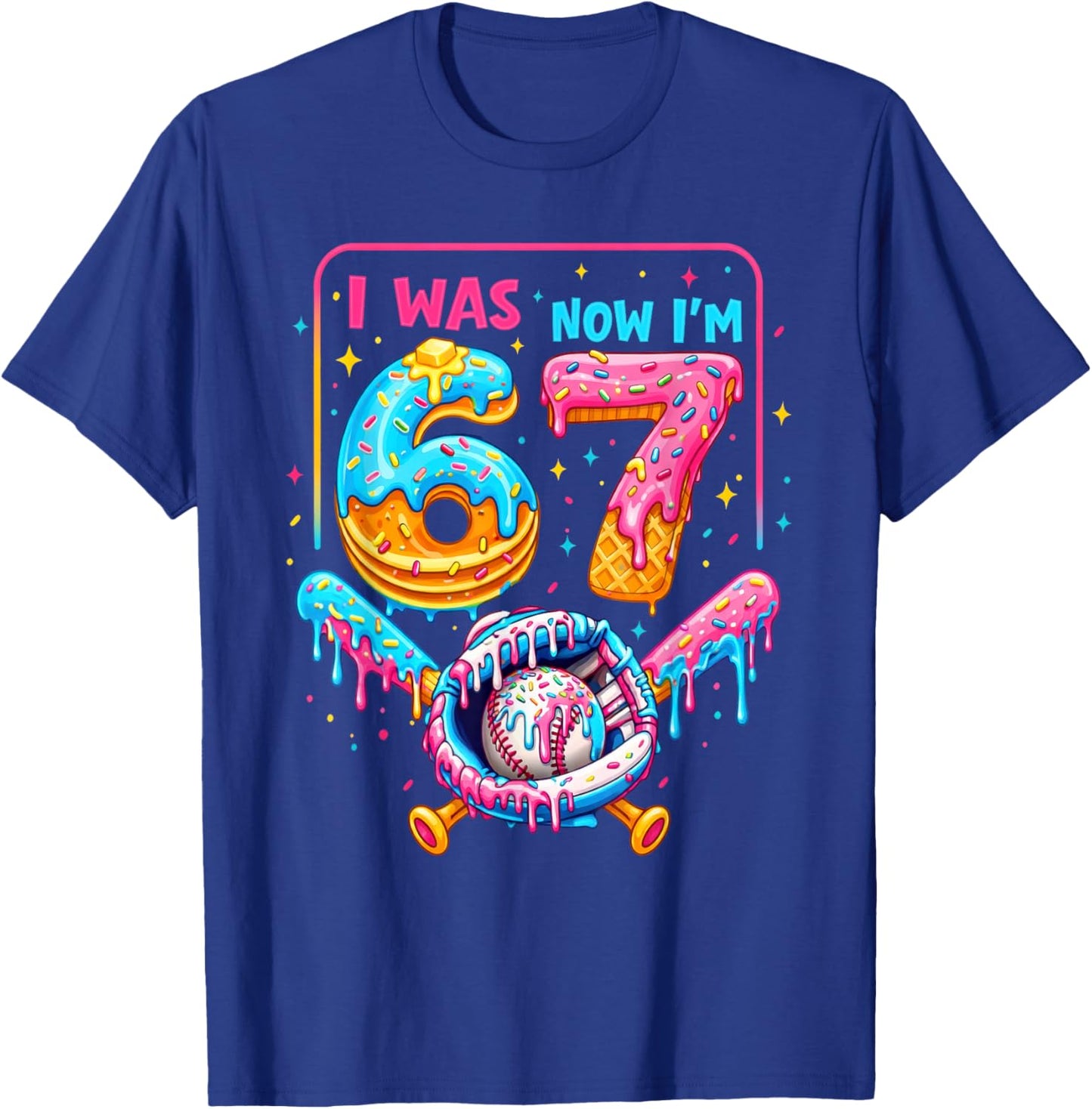 7th Birthday Boys I was 6 Now I'm 7 Baseball Ice Cream Drip T-Shirt - T-Shirt | Royal
