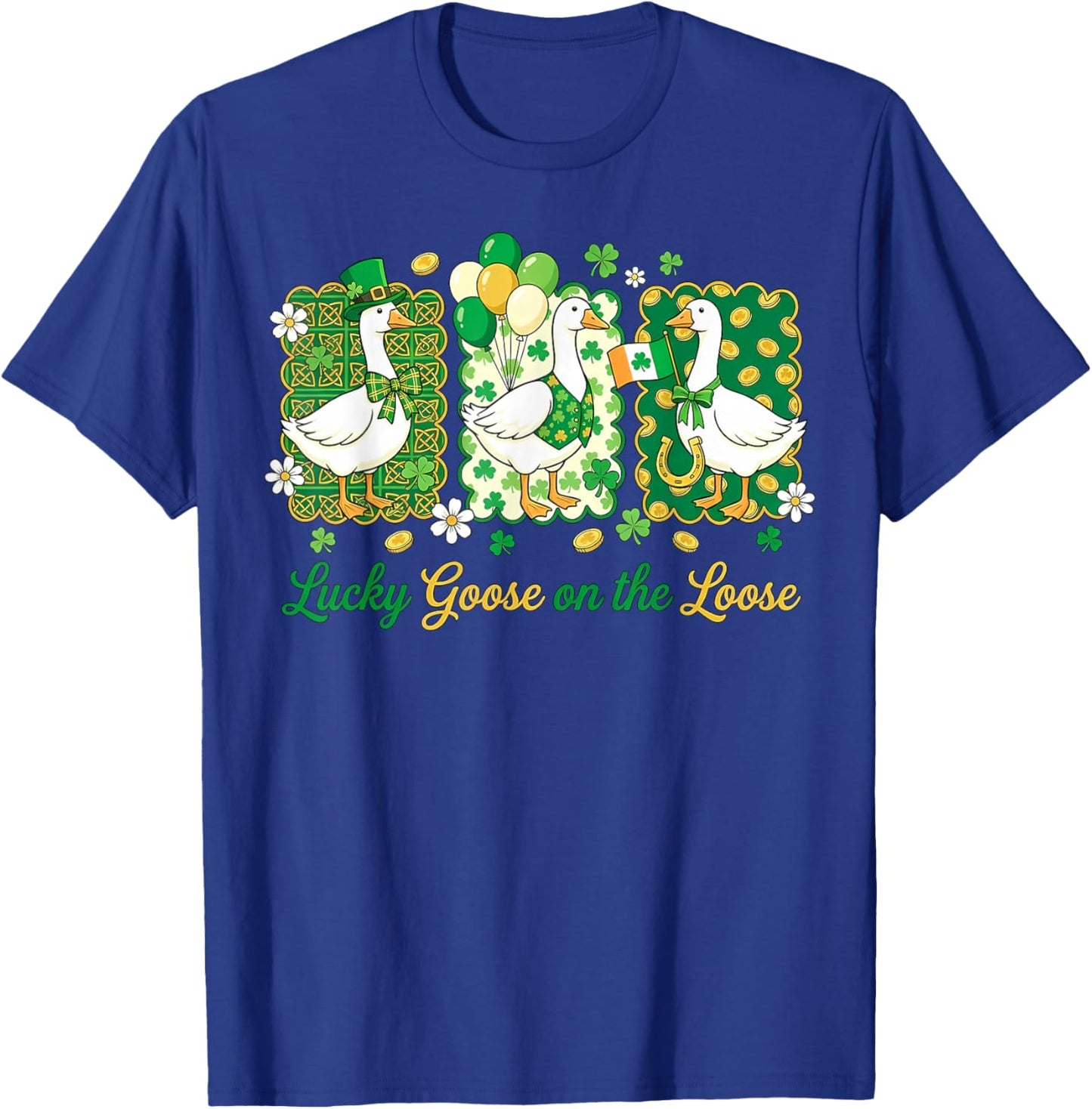 Retro Lucky Goose On The Loose St Patricks Day Shamrock T-Shirt - T-Shirt | Royal