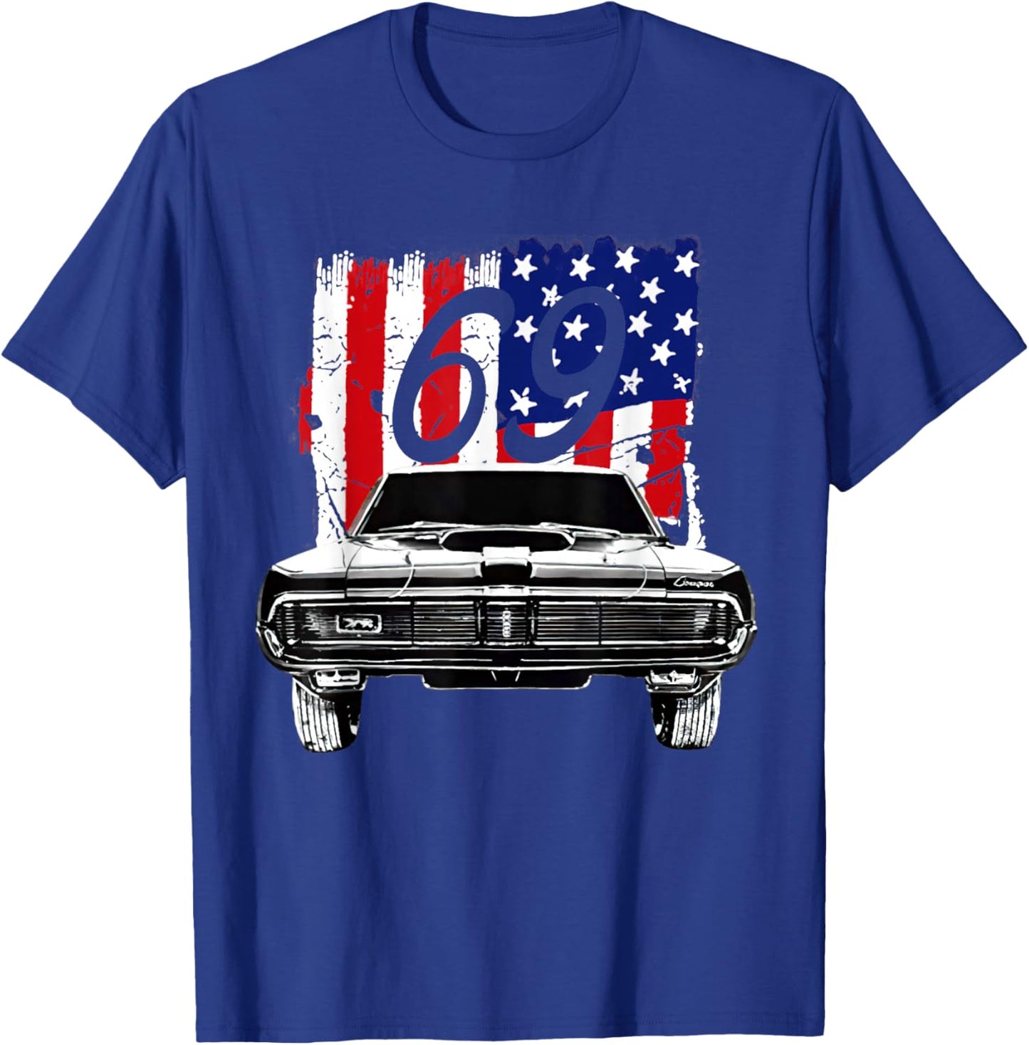 1969 69 Mercury Cougar Red Classic Vintage Old Car USA Flag T-Shirt - T-Shirt | Royal