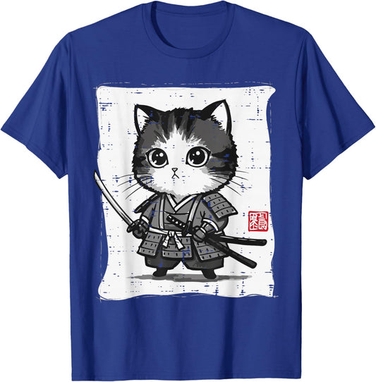 Japanese Cat Kitten Samurai Kawaii Art Women Girls Kids Men T-Shirt - T-Shirt | Royal
