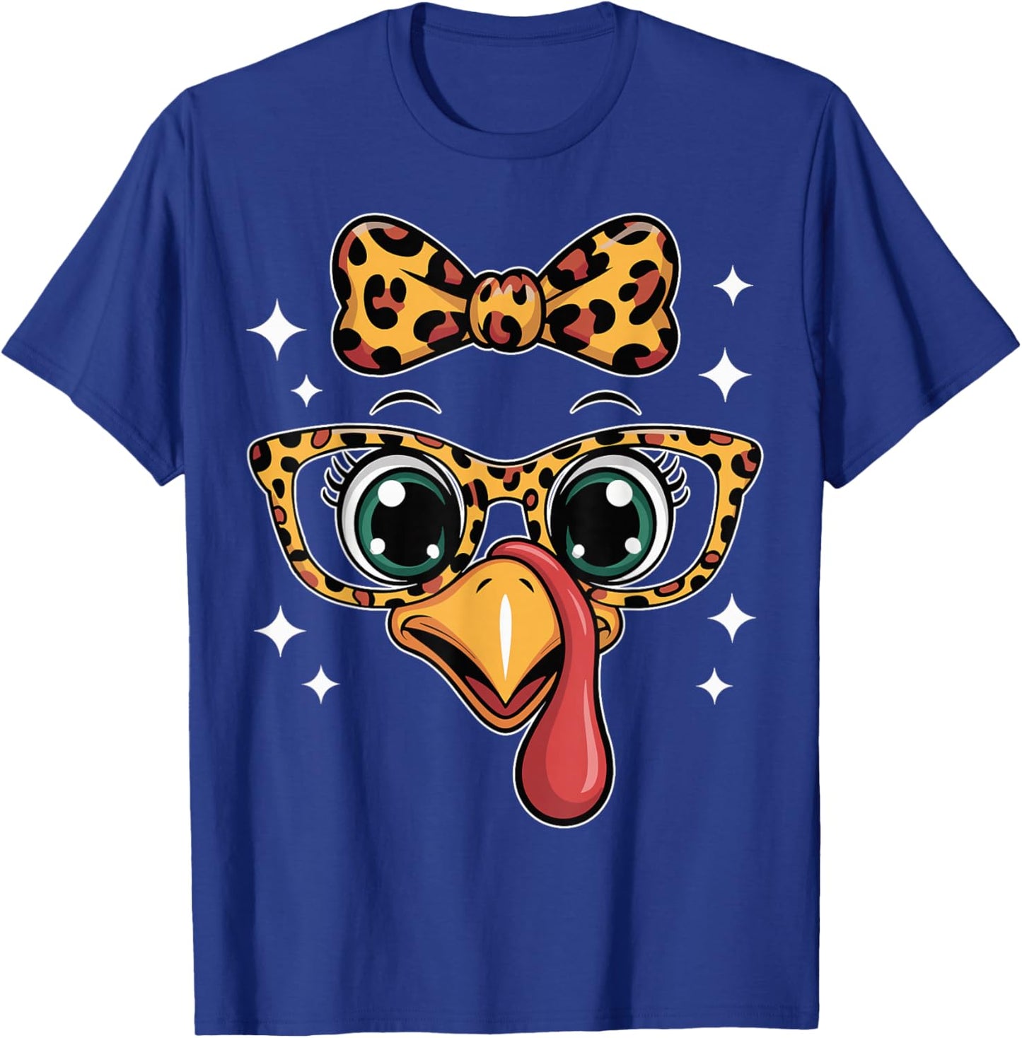 Thanksgiving Turkey Face Leopard Bow Glasses Women Girls T-Shirt - T-Shirt | Royal