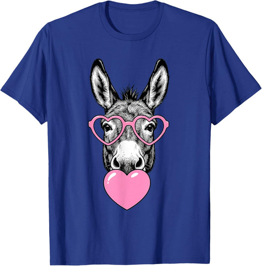 Cute Donkey Blowing Pink Valentine Heart Bubble Gum T-Shirt - T-Shirt | Royal