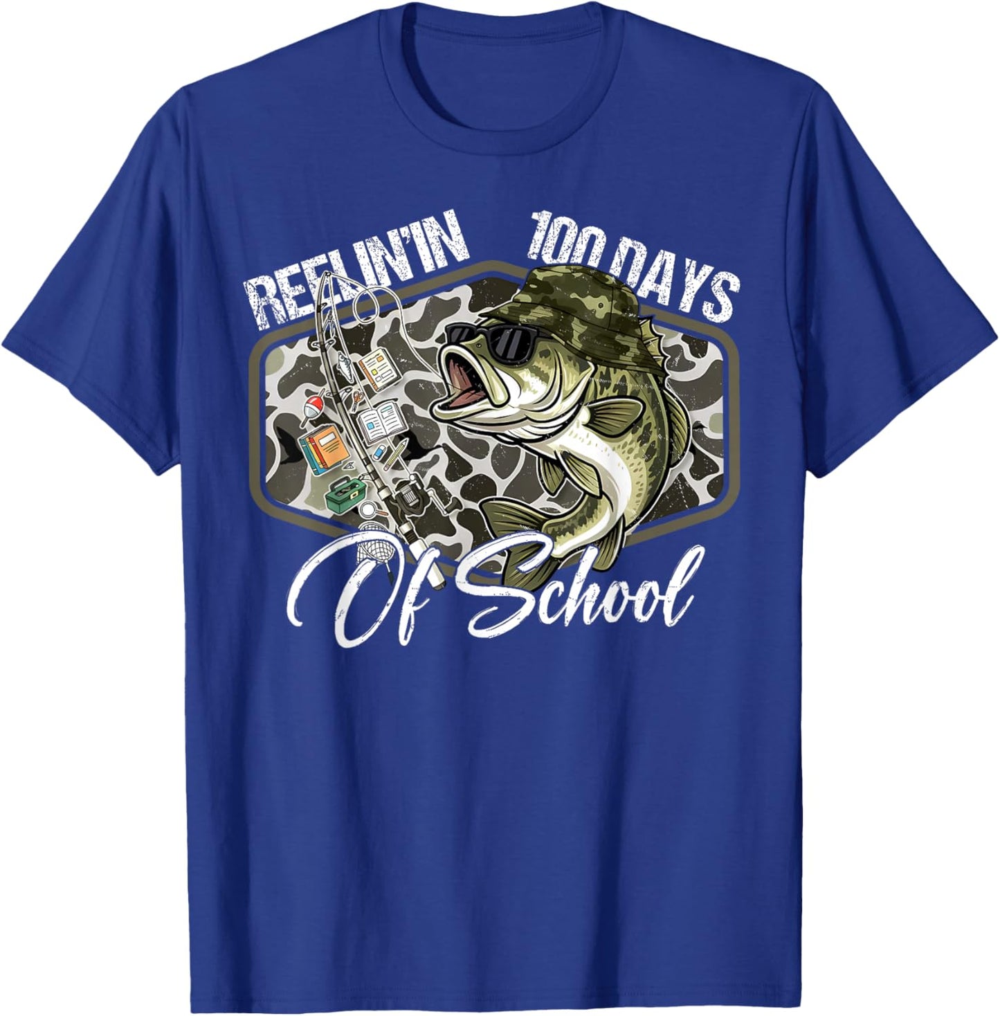 Retro Reelin’ in 100 Days of School Camo Bass Fishing Boys T-Shirt - T-Shirt | Royal