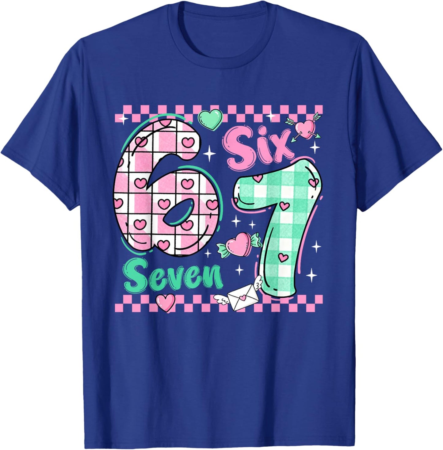 Checkered 67 Meme Six Seven Viral Number Valentines Girl Kid T-Shirt - T-Shirt | Royal