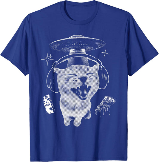 Alien Cat Meme Y2k Kitten Cute Headphones Cat Silly Graphic T-Shirt - T-Shirt | Royal