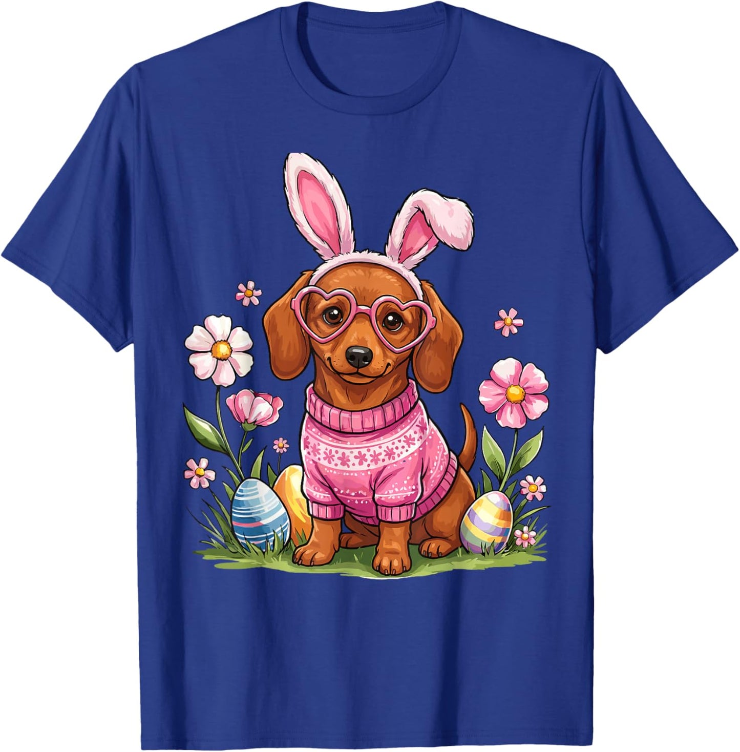 Easter Day Dachshund Dog Outfit Bunny Ears Egg & Basket Eggs T-Shirt - T-Shirt | Royal