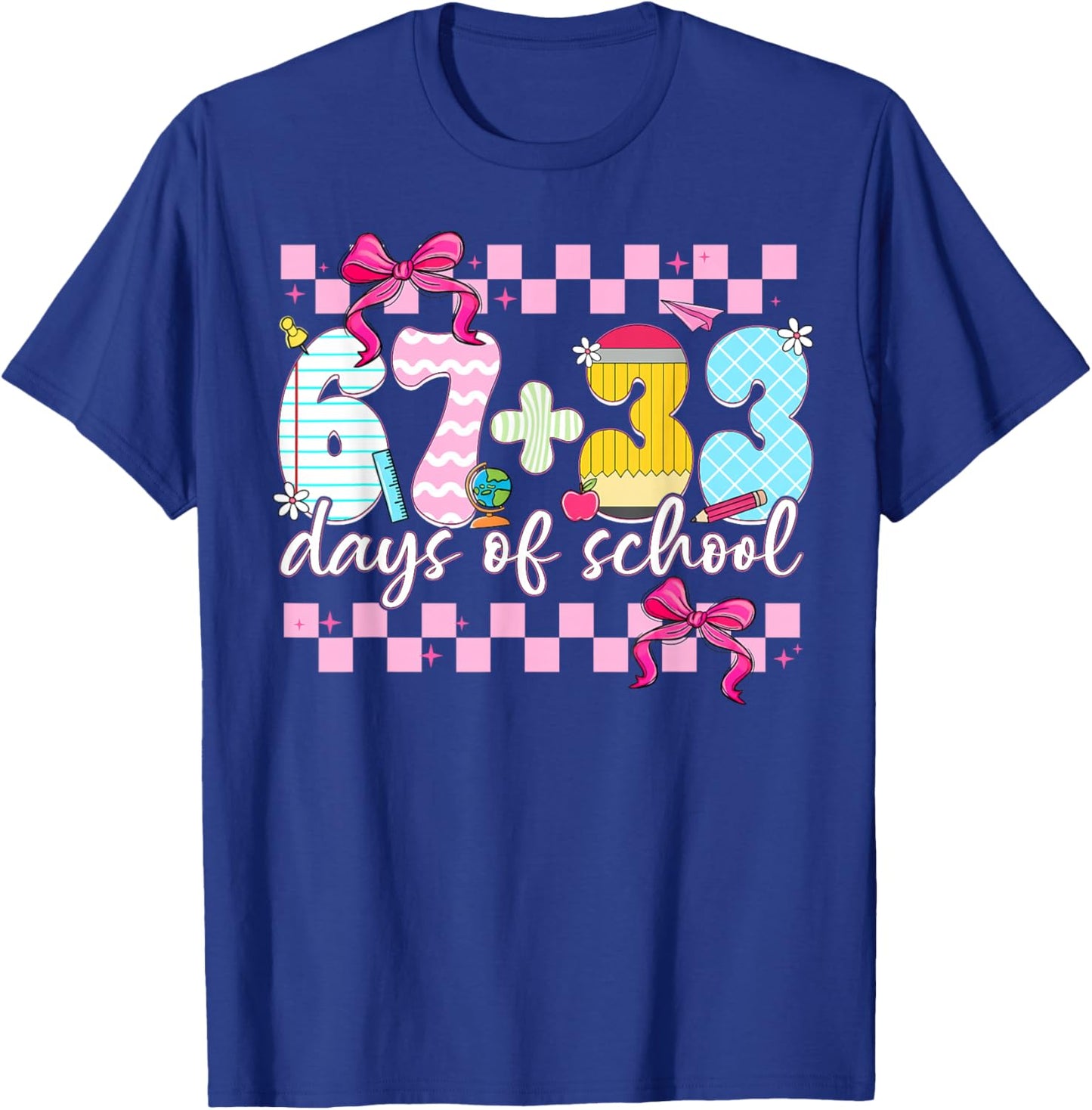 67 + 33 Days of School Cute Coquette Bow Girl Kid Teacher T-Shirt - T-Shirt | Royal