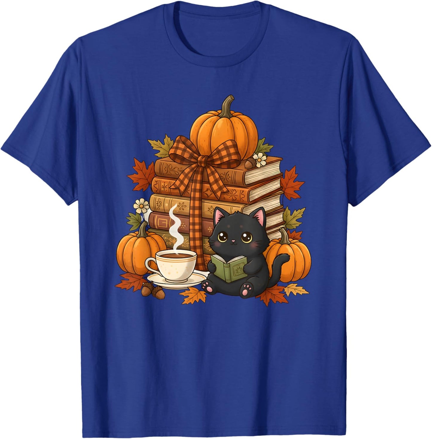 Thanksgiving Autumn Cat Reading Books Fall Vibes Women T-Shirt - T-Shirt | Royal