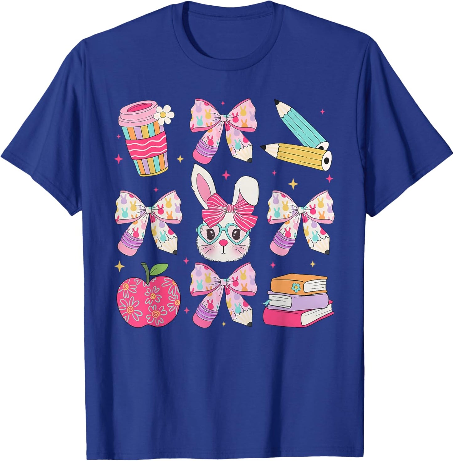 Funny Bunny Coquette Bow Rabbit Teacher Easter Retro Trendy T-Shirt - T-Shirt | Royal