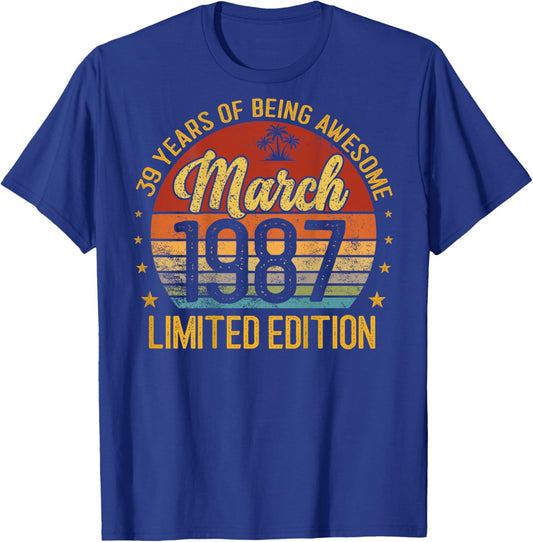 (ON Back) Retro Vintage March 1987 39-Year-Old 39th Birthday T-Shirt - T-Shirt | Royal