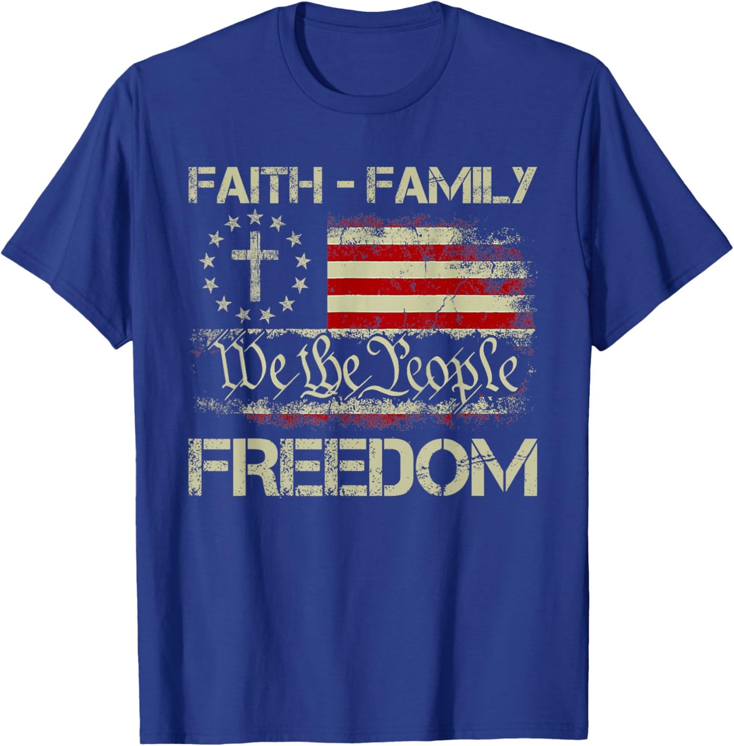 Faith Family Freedom Patriotic Christian Cross American Flag T-Shirt - T-Shirt | Royal