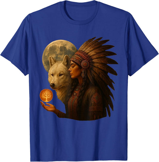 Indian Native American Woman with White Wolf Vitage Gifts T-Shirt - T-Shirt | Royal