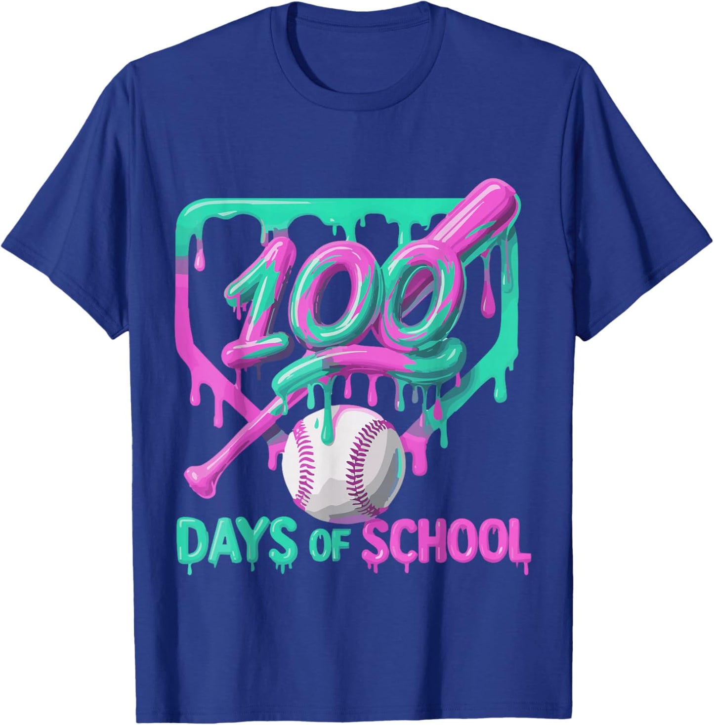 100 Days of School Baseball Ice Cream Drip 100th Day Player T-Shirt - T-Shirt | Royal