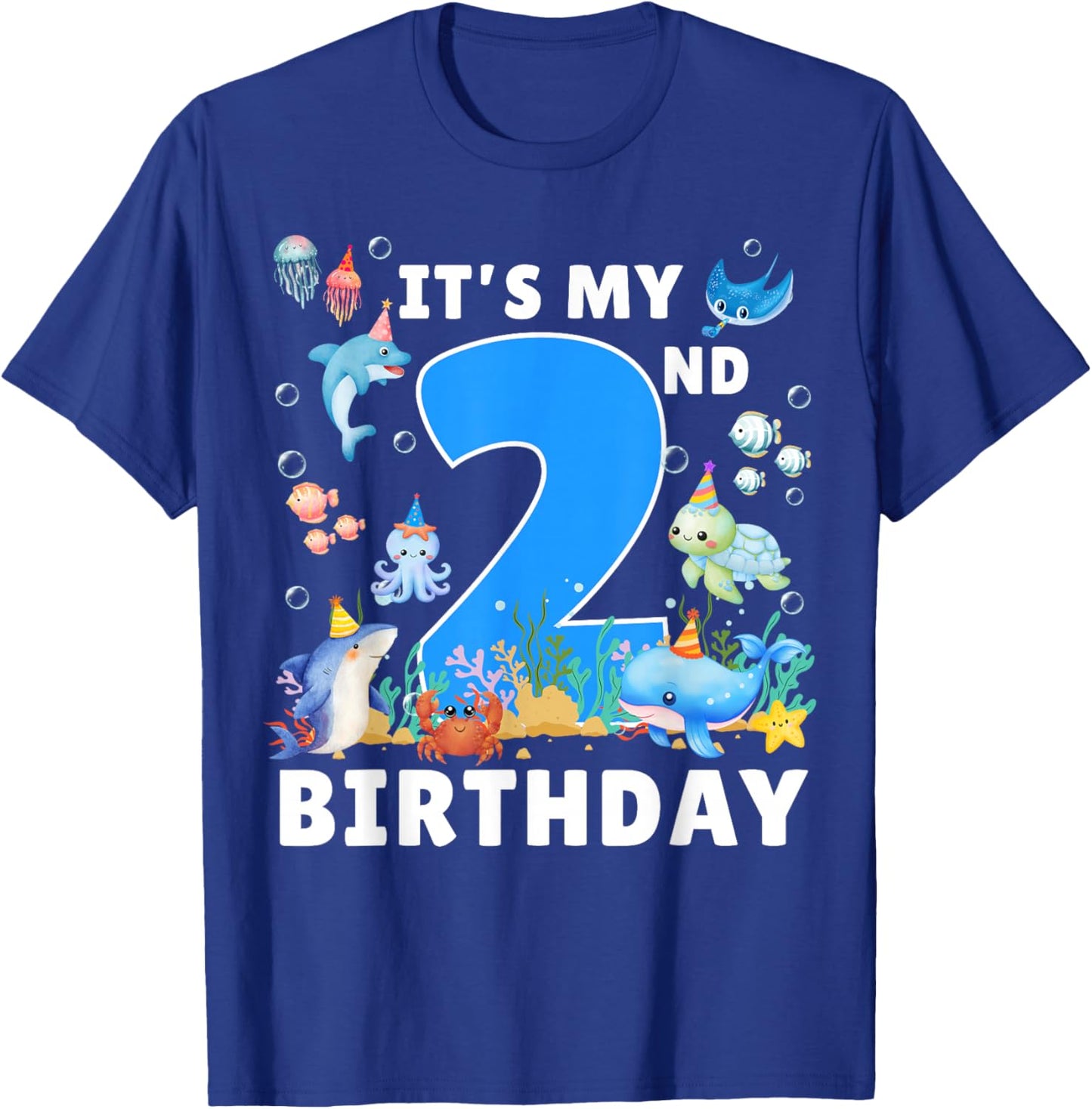 2nd Birthday Under The Sea 2 Years Old Ocean Party Theme T-Shirt - T-Shirt | Royal
