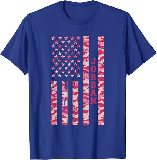 Jordan Middle Eastern Country Pink Camo USA Flag Distressed T-Shirt - T-Shirt | Royal