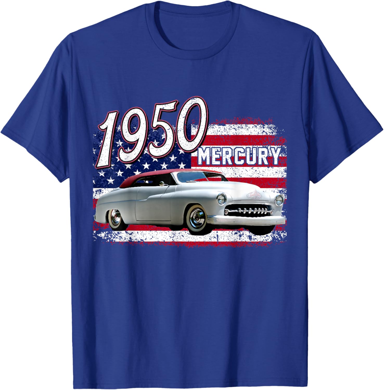 1950 50 Mercury Classic Vintage Old Car USA Flag T-Shirt - T-Shirt | Royal