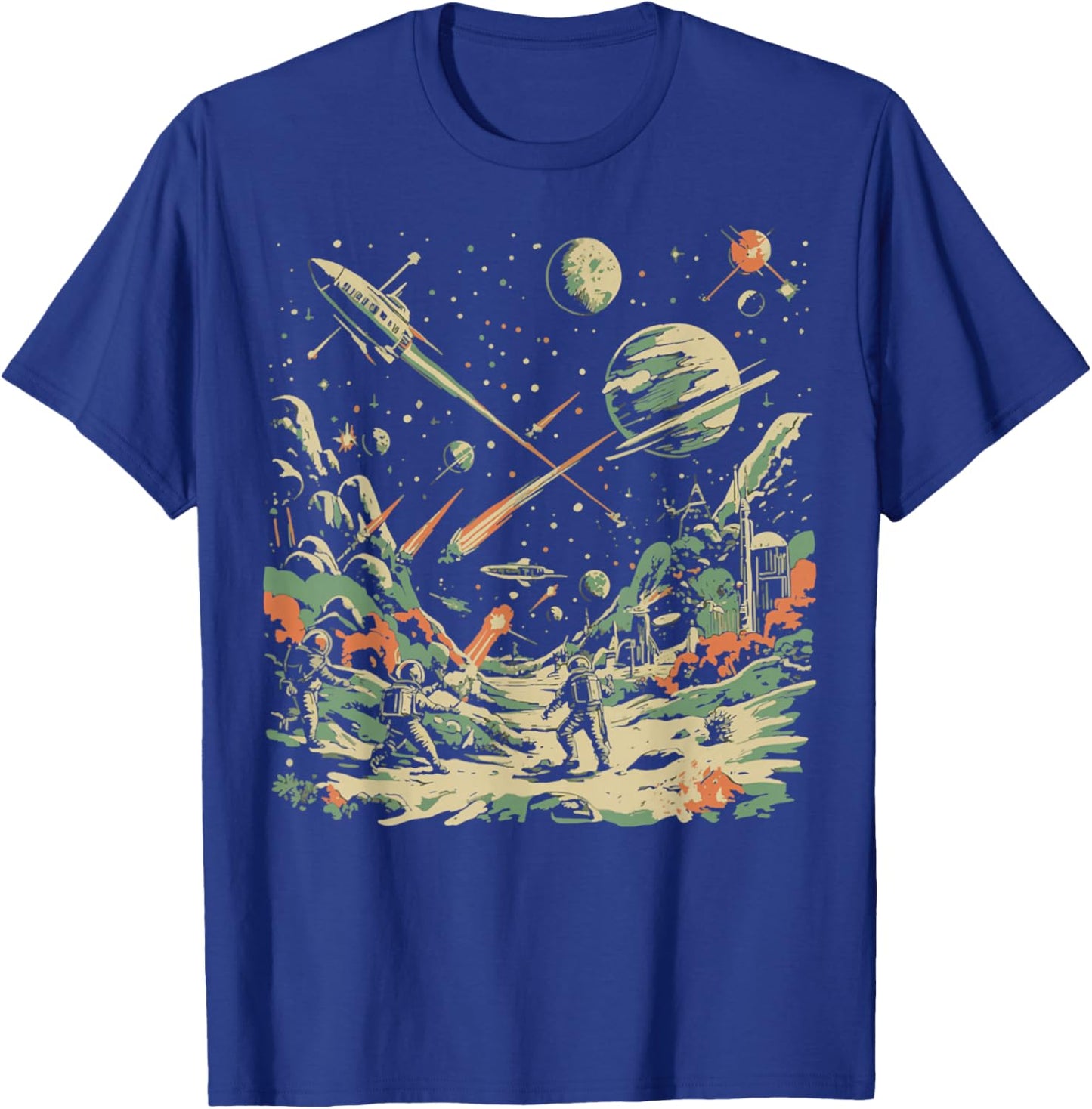 Space Battle Vintage Sci-fi Fighter Astronaut Illustration T-Shirt - T-Shirt | Royal
