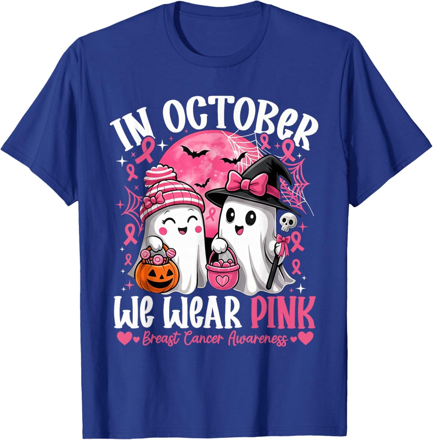 in October We Wear Pink Shirt Ghost Breast Cancer Awareness T-Shirt - T-Shirt | Royal