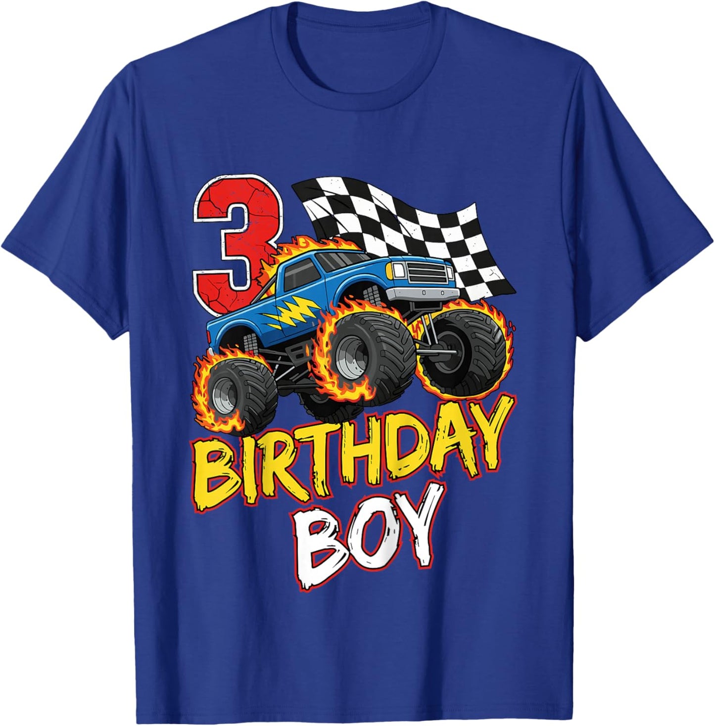 Kids Birthday Monster Truck 3 Year Old Boys 3rd Party Born 2023 T-Shirt - T-Shirt | Royal