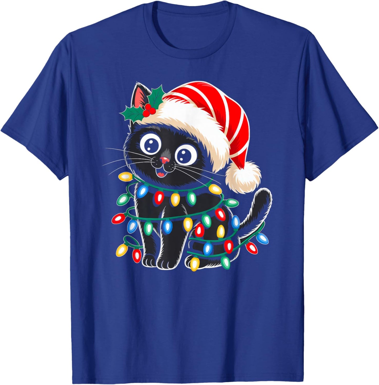 Black Cat Christmas Lights Santa Hat Xmas Pajamas Cat Lover T-Shirt - T-Shirt | Royal