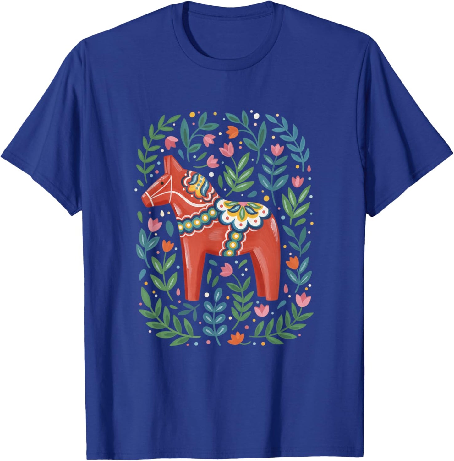 Folk Art Red Dala Horse Scandinavian Horse Floral Decor T-Shirt - T-Shirt | Royal