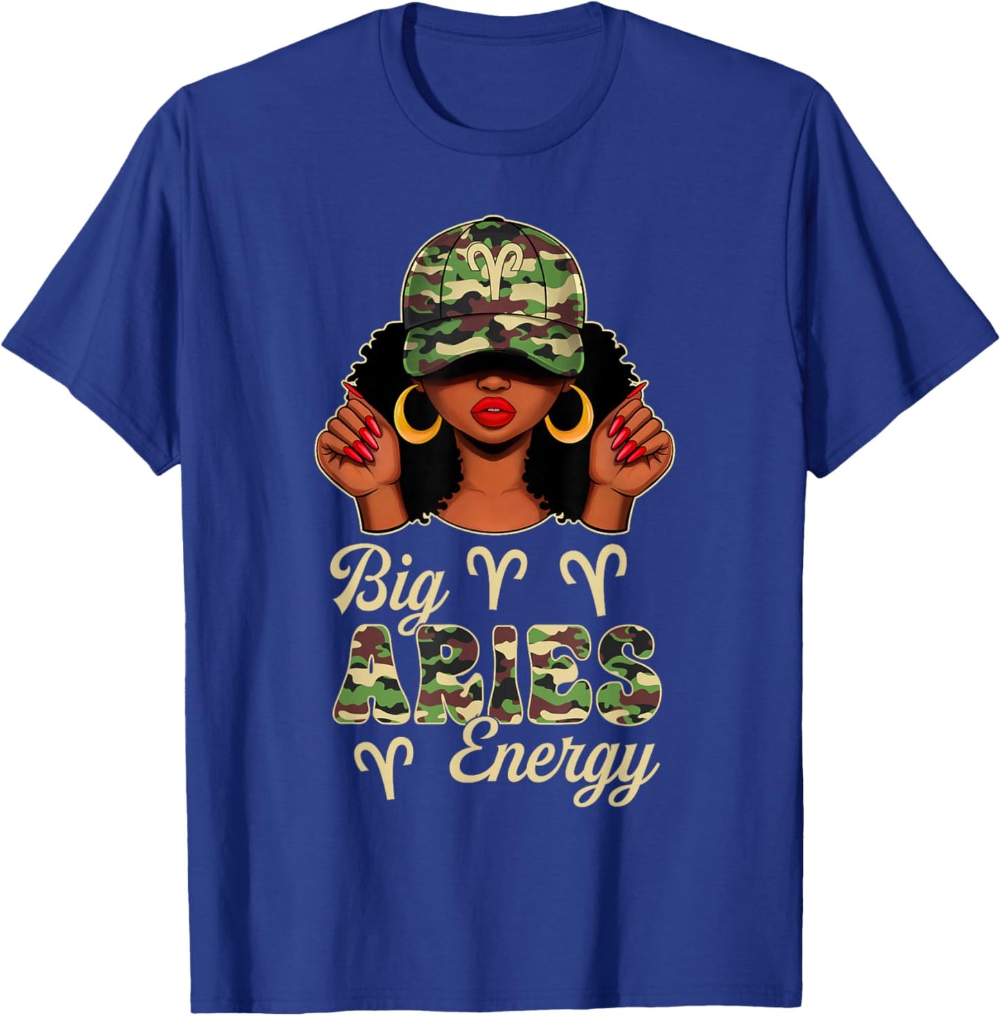 Big Aries Energy Afro Women Camo Cap Black Girl Zodiac T-Shirt - T-Shirt | Royal