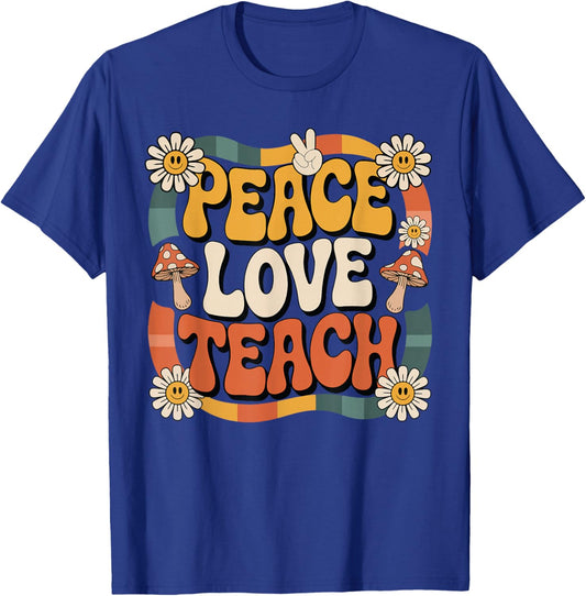 Peace Love Teach Retro Groovy Teacher 70s Daisy Women Men T-Shirt - T-Shirt | Royal