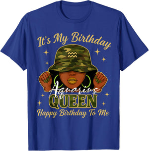 Aquarius Queen Black Woman with Cap Camo It's My Birthday T-Shirt - T-Shirt | Royal