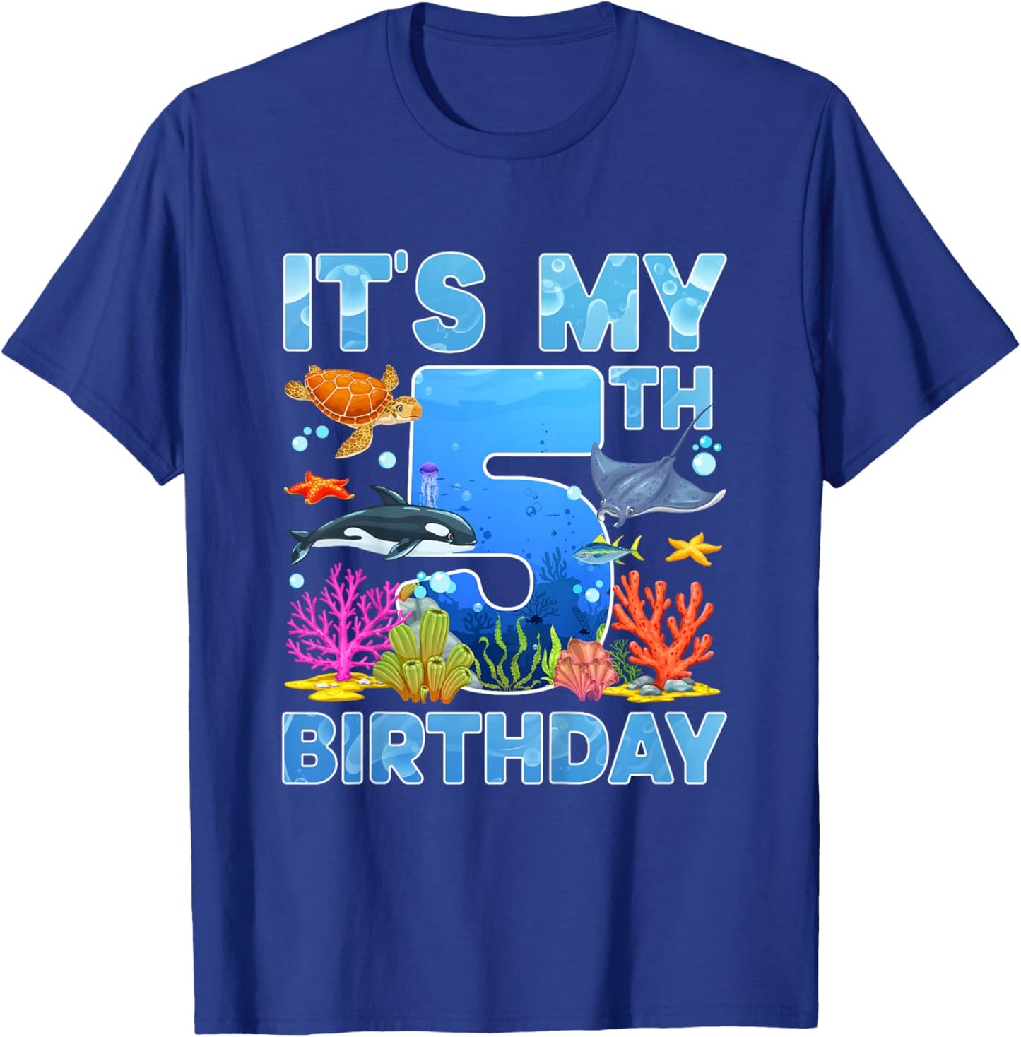 Fifth Ocean Birthday Party 5 Year Old Sea Animals T-Shirt - T-Shirt | Royal