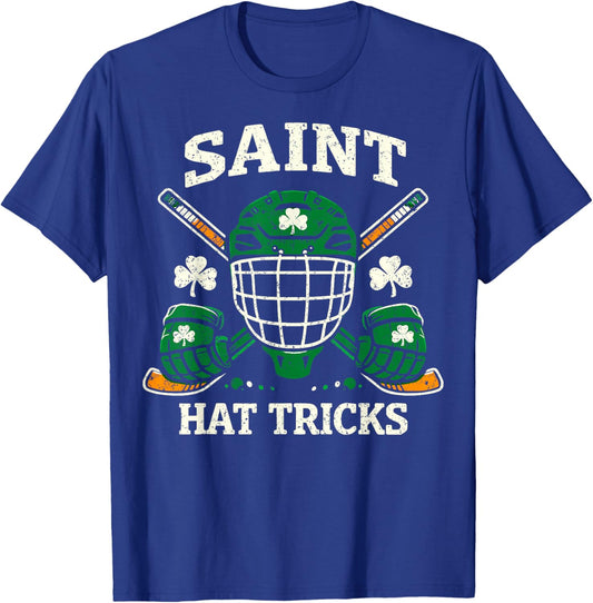 St.Patrick’s Day Ice Hockey Player Saint Hat Tricks Shamrock T-Shirt - T-Shirt | Royal