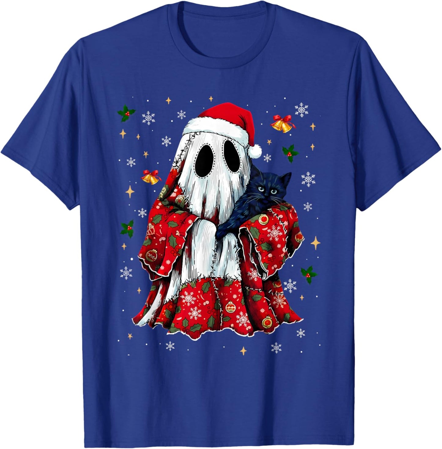 Vintage Christmas Ghost Holding Black Cat Groovy Floral T-Shirt - T-Shirt | Royal
