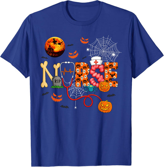 Nurse Funny Stethoscope Nurse Pumpkin Skull Lover Halloween T-Shirt - T-Shirt | Royal