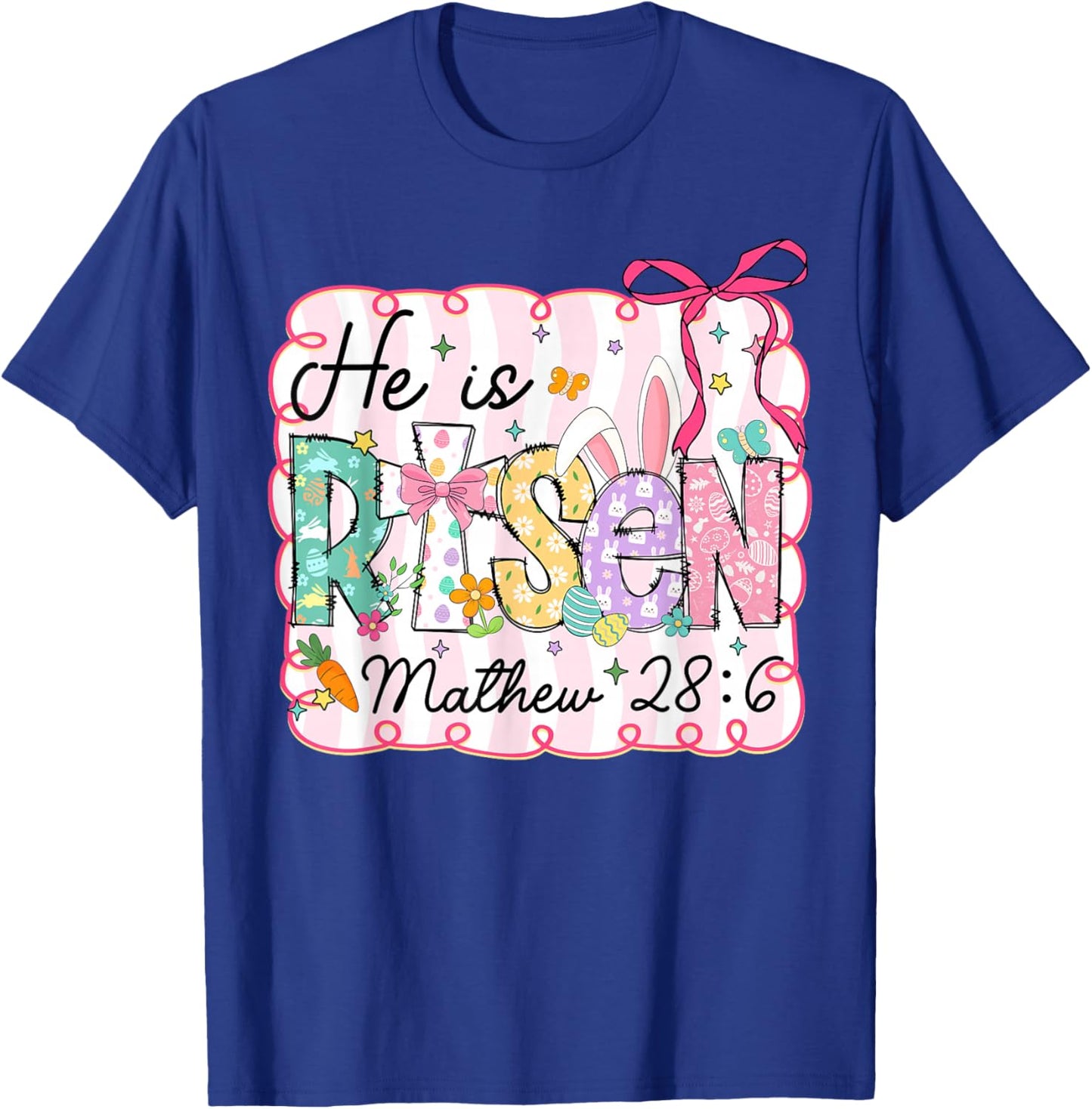 Easter Preppy He is Risen Cross Bow Christian Women Girls T-Shirt - T-Shirt | Royal