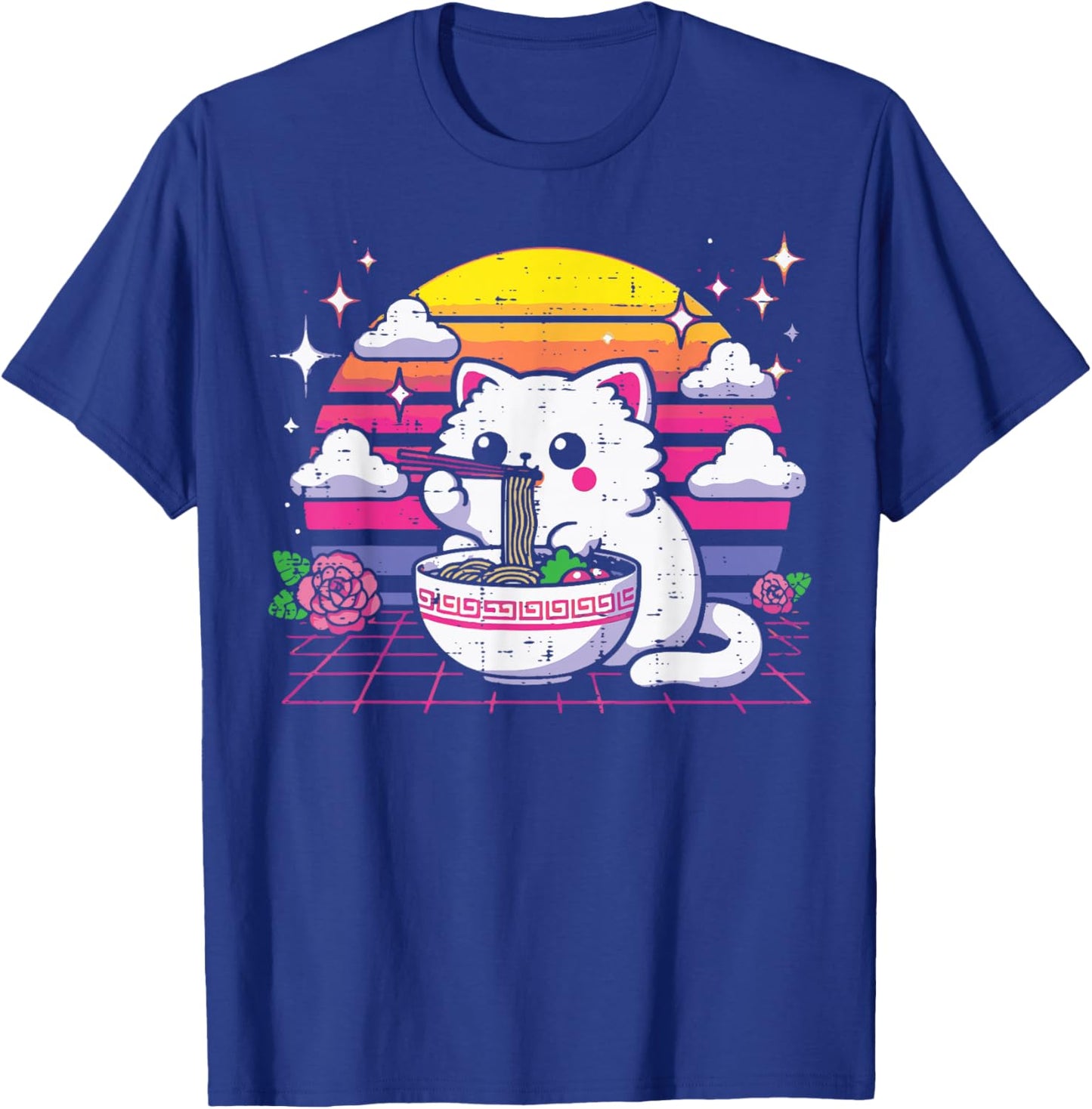 Japanese Cat Eating Ramen Vaporwave Ukiyo-e Women Girls Kids T-Shirt - T-Shirt | Royal