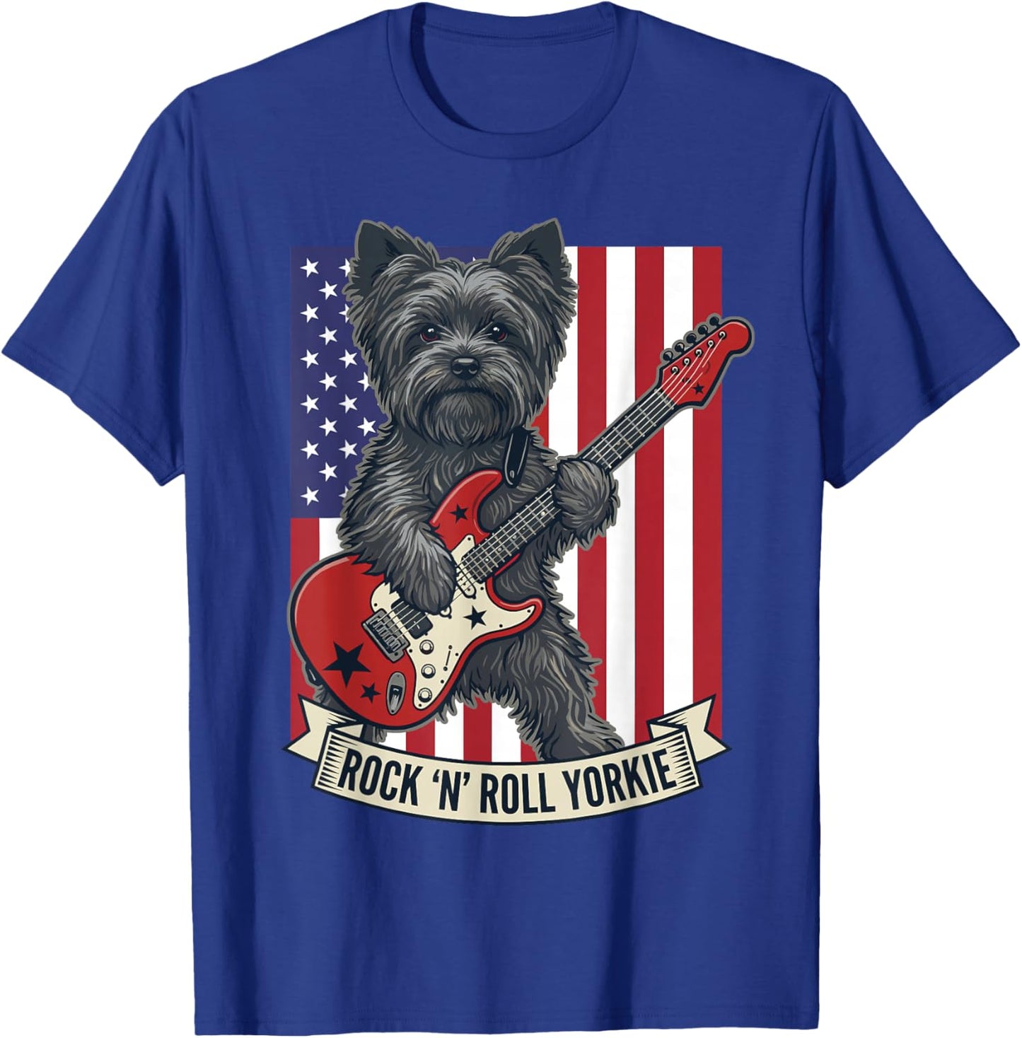 Rock N Roll Yorkie Dog Playing Guitar USA Flag Puppy T-Shirt - T-Shirt | Royal