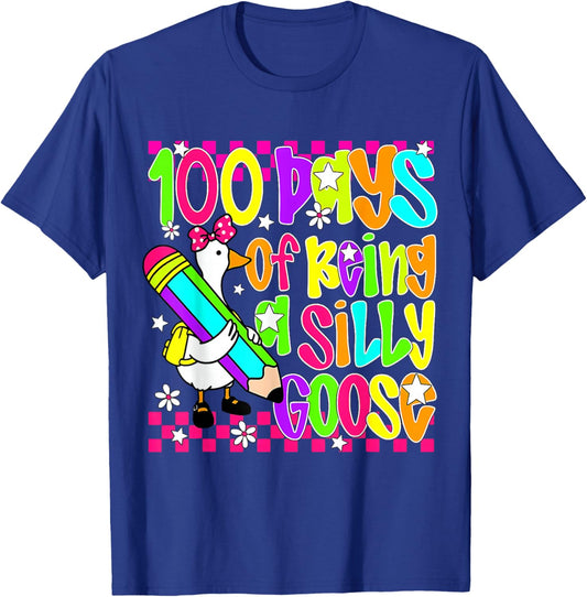 Floral Checkered 100 Days of Being A Silly School Goose T-Shirt - T-Shirt | Royal