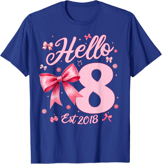 8th Birthday Girl Coquette Bow Hello Eight Est 2018 8 Yr Old T-Shirt - T-Shirt | Royal