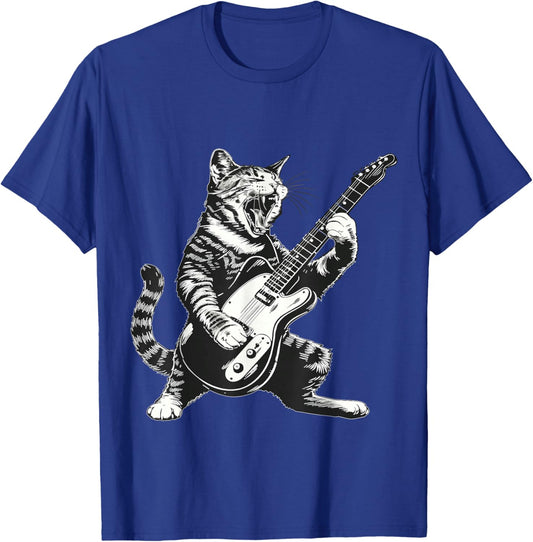 Cat Playing Guitar Rock Star Rock and Roll Women Kid T-Shirt - T-Shirt | Royal