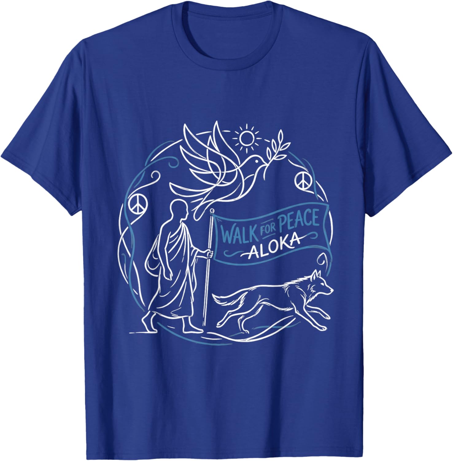Buddhist Monk Walk for Peace Aloka Line Art Dove T-Shirt - T-Shirt | Royal