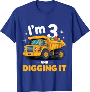 Kids 3 Year Construction Excavator 3nd Birthday Boy T-Shirt - T-Shirt | Royal