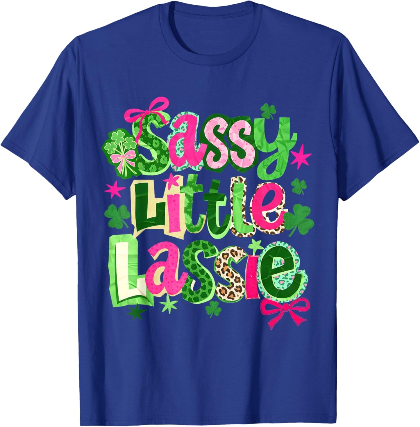 St Patricks Day Sassy Little Lassie Kids Girls Bow Shamrock T-Shirt - T-Shirt | Royal