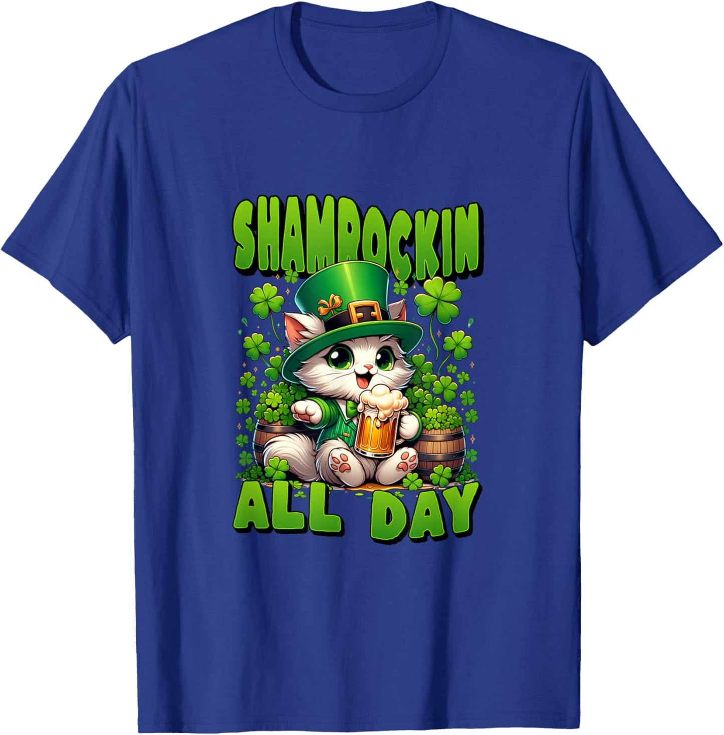 St Patrick's Day Shamrockin All Day. Cute Cat in Green Hat T-Shirt - T-Shirt | Royal